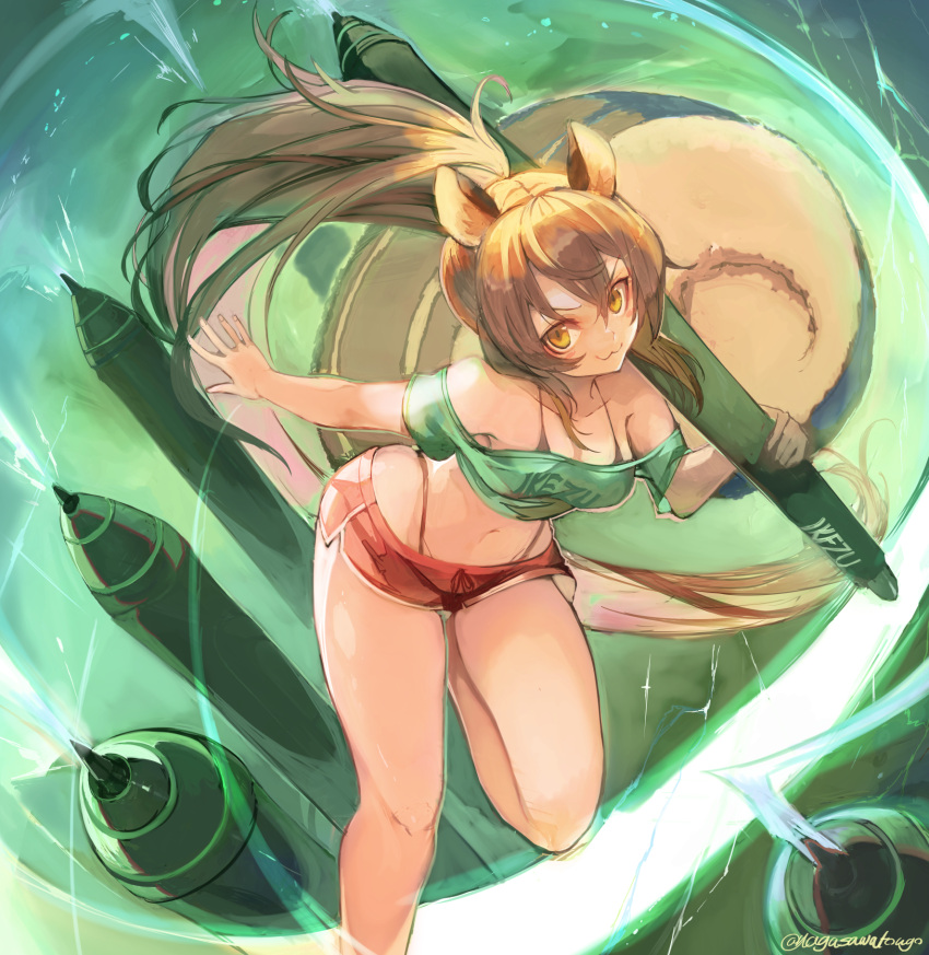 :3 animal_ears aqua_shirt bare_legs bare_shoulders bikini bikini_under_clothes black_bikini breasts brown_hair closed_mouth commission crop_top cropped_shirt dolphin_shorts female green_shirt halterneck highleg highleg_bikini highres holding large_tail leaning_forward leg_up long_hair looking_at_viewer medium_breasts midriff nagasawa_tougo navel off-shoulder_shirt off_shoulder orange_eyes original park_bokja pixiv_commission ponytail red_shorts revealing_clothes shirt short_shorts short_sleeves shorts smile solo squirrel_ears squirrel_girl squirrel_tail standing standing_on_one_leg stomach string_bikini swimsuit tail thighs v-shaped_eyebrows very_long_hair