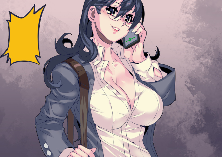 absurdres bag black_hair blazer blue_eyes breasts chinese_commentary cleavage collared_shirt commentary_request female fengmo glasses grin hair_between_eyes handbag highres holding holding_phone jacket large_breasts long_hair office_lady open_clothes open_jacket open_shirt original phone photoshop_(medium) shirt smile solo standing white_shirt