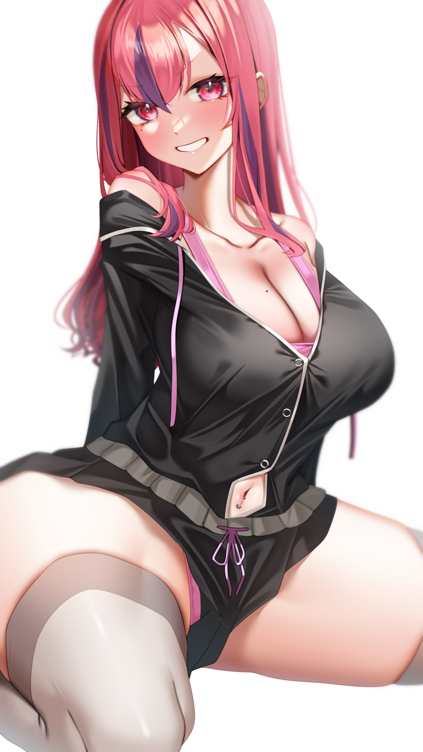 absurdres arms_behind_back azur_lane bare_shoulders black_jacket blush breasts bremerton_(azur_lane) bremerton_(relaxation_consultation)_(azur_lane) cleavage clenched_teeth collarbone female hair_down highres huge_breasts jacket long_hair looking_at_viewer mole mole_on_breast mole_under_eye multicolored_hair navel navel_piercing official_alternate_costume official_alternate_hairstyle panties panty_peek piercing pink_panties pink_tank_top purple_hair red_eyes red_hair seele0907 simple_background sitting smile solo spread_legs streaked_hair tank_top teeth thighhighs thighs two-tone_hair underwear v-shaped_eyebrows white_background white_thighhighs