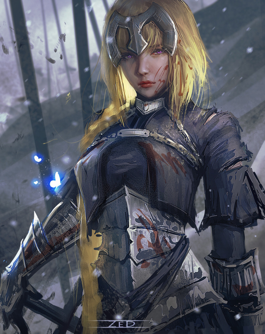 arm_at_side armor armored_dress artist_name battlefield blonde_hair blood blood_on_clothes blurry blurry_background braid bug butterfly fate/apocrypha fate_(series) female gauntlets glowing glowing_butterfly highres jeanne_d'arc_(fate) jeanne_d'arc_(ruler)_(fate) looking_at_viewer purple_eyes realistic serious solo upper_body zed_(trungbui42)