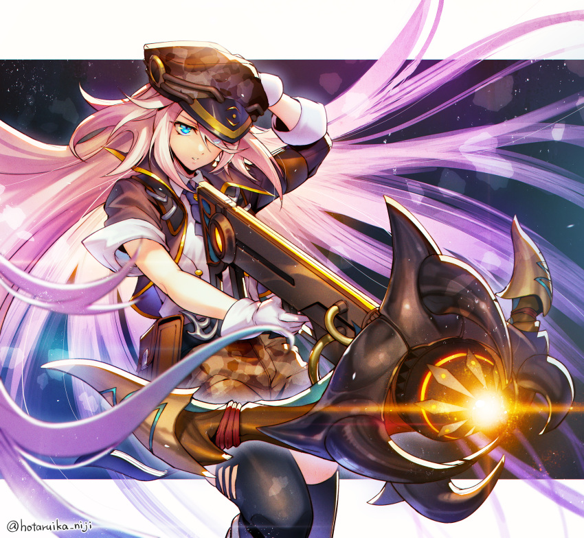 absurdres belial_(megido72) black_jacket black_thighhighs blue_eyes breasts buttons camouflage camouflage_headwear camouflage_shorts commentary_request female gloves gun hair_between_eyes hat highres holding holding_weapon hotaruika_niji huge_weapon jacket large_breasts long_hair megido72 necktie pink_hair red_necktie shirt short_necktie shorts sleeves_rolled_up solo thighhighs torn_clothes torn_thighhighs twitter_username uniform upper_body weapon white_gloves white_shirt