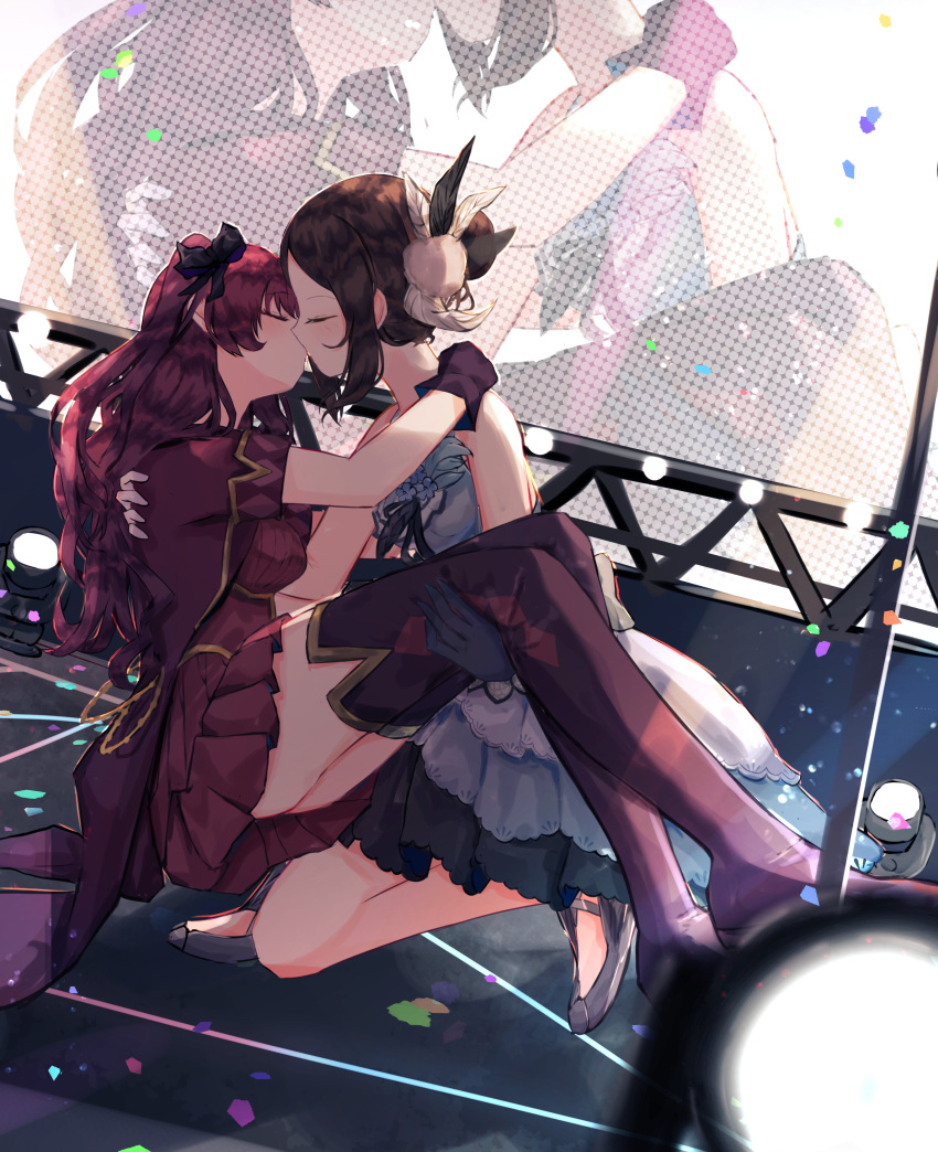 2girls absurdres ayase_honoka bare_shoulders benevole black_gloves black_ribbon black_thighhighs blue_dress blush boots brown_hair carrying closed_eyes commission dress dutch_angle gloves hair_bun hair_ribbon high_heels highres ichinose_shiki idol_clothes idolmaster idolmaster_cinderella_girls jacket kissing lapels layered_dress legs_together multiple_girls on_one_knee open_clothes open_jacket parted_bangs princess_carry red_dress red_hair red_jacket ribbon screen screen_zoom sidelocks skeb_commission spotlight stage strapless strapless_dress thigh_boots thighhighs truss two_side_up white_ribbon yuri