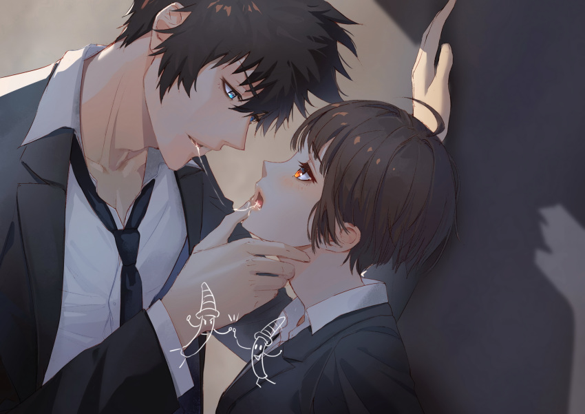 blue_eyes brown_eyes catcan kissing kougami_shinya male psycho-pass short_hair tie tsunemori_akane