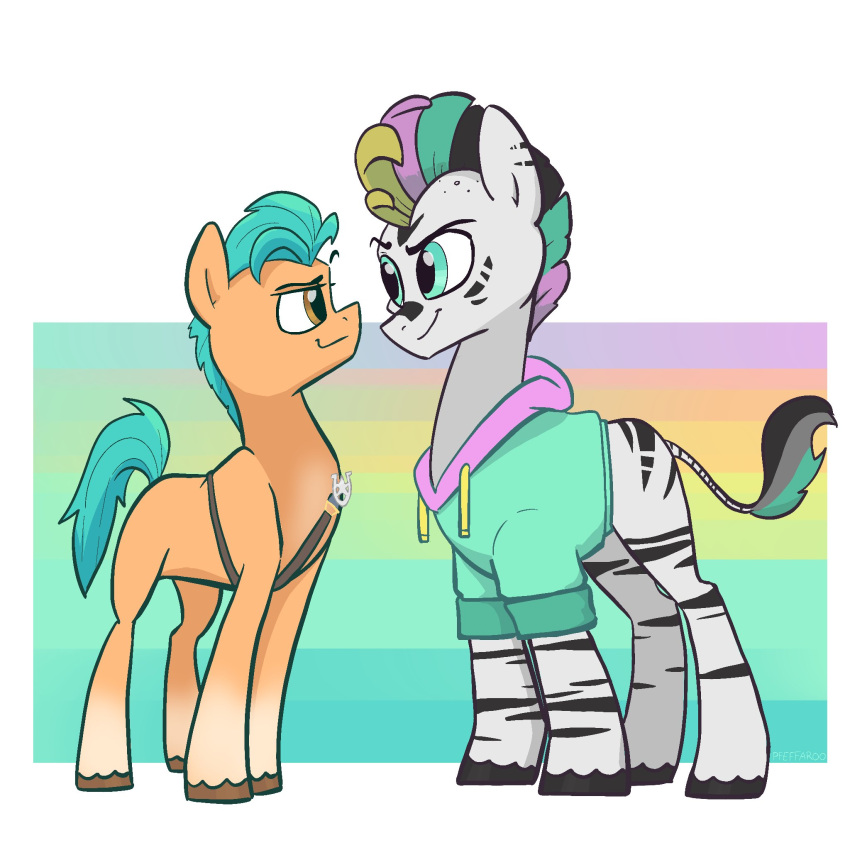 1:1 black_hooves black_stripes bodily_fluids brown_eyes brown_hooves clothing duo earth_pony equid equine eyebrows fan_character feral fetlocks green_eyes green_hair green_tail hair hasbro hi_res hitch_trailblazer_(mlp) hooves horse male mammal markings mlp_g5 multicolored_hair multicolored_tail my_little_pony pfeffaroo pony striped_body stripes sweat sweater tail tail_tuft topwear tuft white_body yellow_body zebra