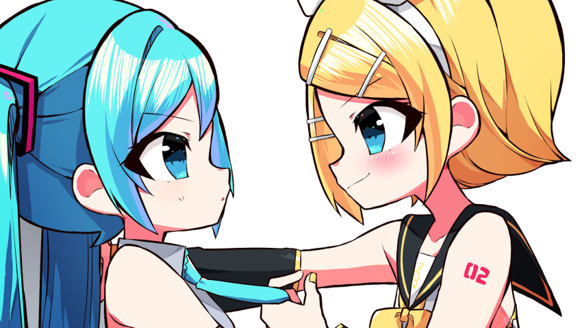 2girls against_wall aqua_eyes aqua_hair arm_warmers bare_shoulders black_sailor_collar black_sleeves blonde_hair blush bow commentary detached_sleeves grey_shirt hair_ornament hairbow hairclip hatsune_miku highres holding_necktie kabedon kagamine_rin kasaki_sakura long_hair looking_at_another multiple_girls nail_polish neckerchief sailor_collar school_uniform shirt short_hair shoulder_tattoo sleeveless sleeveless_shirt smile sweat swept_bangs tattoo twintails upper_body vocaloid white_background white_bow white_shirt yellow_nails yellow_neckerchief