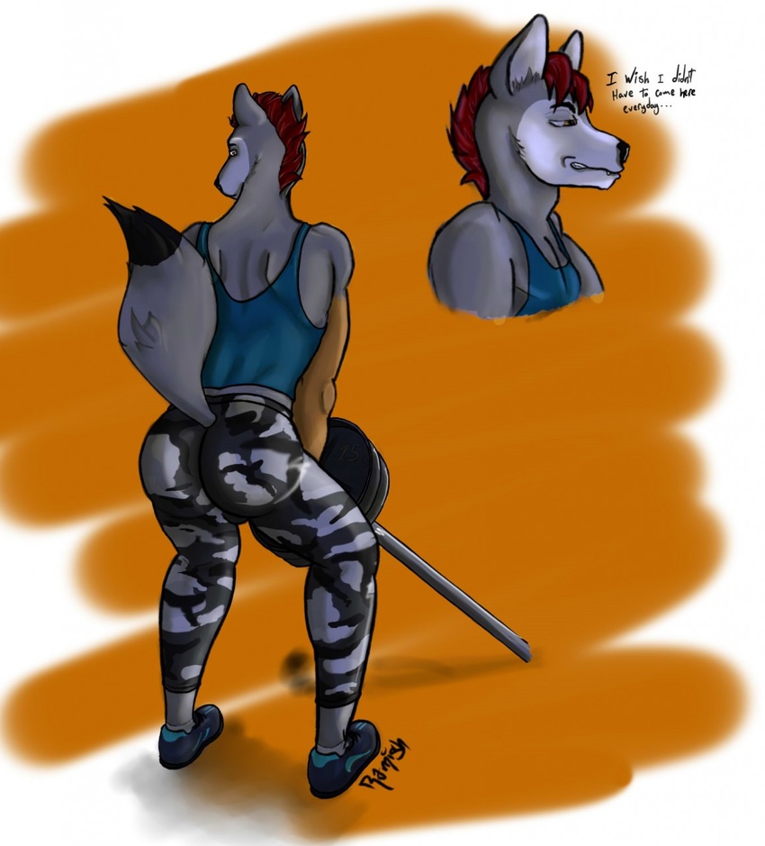 anthro ass athletic athletic_anthro athletic_male big_butt canid canine clothing exercise fitness fox hi_res lin_(ramish) male mammal ramish shirt solo tank_top topwear voyeur wide_hips