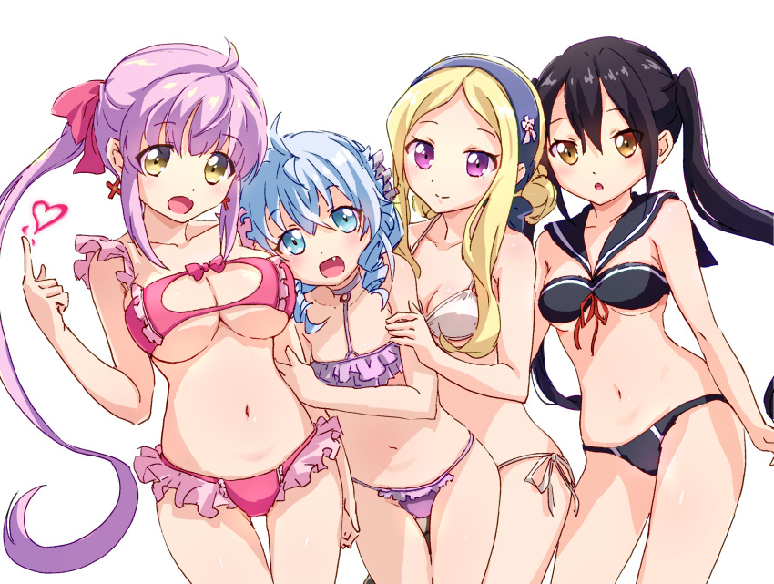 4girls ahoge ayune_(kei) bikini black_bikini black_hair blonde_hair blue_eyes blue_hair blush breasts brown_eyes cleavage closed_mouth collarbone fa_(rpg_fudousan) frilled_bikini frills hair_ribbon hairband heart highres kazairo_kotone large_breasts long_hair looking_at_viewer multiple_girls navel oerba_yun_fang open_mouth pink_hair ponytail purple_bikini purple_eyes rakira_(rpg_fudousan) red_bikini ribbon rpg_fudousan rufuria_(rpg_fudousan) side-tie_bikini_bottom simple_background small_breasts smile swimsuit twintails white_background white_bikini yellow_eyes