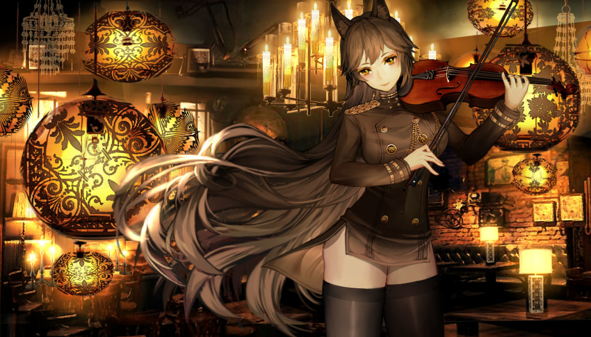 adapted_costume animal_ears atago_(azur_lane) azur_lane black_thighhighs bow_(music) buttons chandelier closed_mouth commentary double-breasted female gudadan head_tilt highres holding holding_instrument holding_violin indoors instrument lamp lantern long_hair long_sleeves looking_at_viewer military military_uniform solo thighhighs thighs uniform very_long_hair violin wolf_ears yellow_eyes zettai_ryouiki