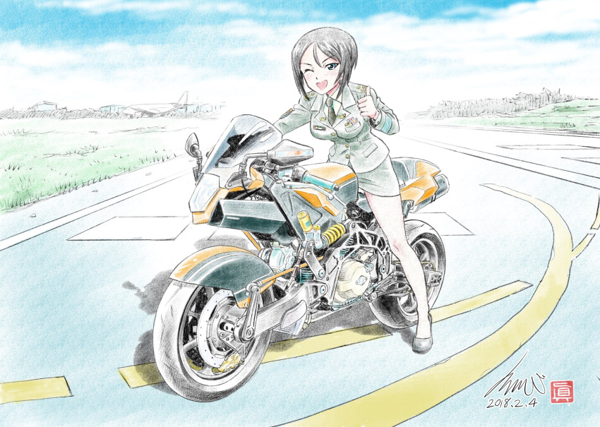 ;d aircraft airplane airport artist_logo artist_name black_eyes black_footwear black_hair black_necktie blue_sky chouno_ami cloud cloudy_sky colored_pencil_(medium) commentary dated day dress_shirt female flats girls_und_panzer green_jacket green_shirt green_skirt highres jacket japan_ground_self-defense_force japan_self-defense_force kubota_shinji long_sleeves looking_at_viewer military military_uniform miniskirt motor_vehicle motorcycle necktie one_eye_closed open_mouth outdoors pantyhose pencil_skirt riding see-through see-through_legwear shadow shirt shoes short_hair signature skirt sky smile solo swept_bangs thumbs_up traditional_media uniform vehicle_focus