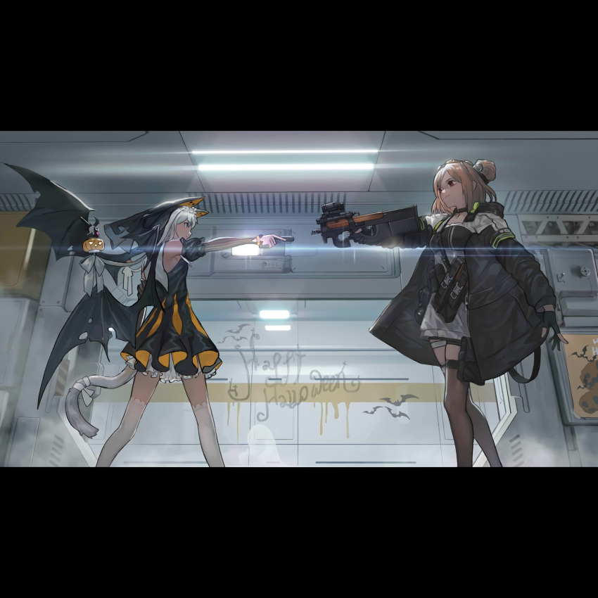 2girls aiming animal_ears bat_wings bullpup cat_ears cat_tail dinergate_(girls'_frontline) english_text eyewear_on_head fake_animal_ears girls'_frontline gun habit halloween halloween_costume handgun highres holding holding_gun holding_weapon mexican_standoff multiple_girls non-humanoid_robot nun official_alternate_costume official_art p7_(girls'_frontline) p7_(sister_gunslinger)_(girls'_frontline) p90 p90_(girls'_frontline) robot sangvis_ferri spoilers submachine_gun sunglasses tail thighhighs trigger_discipline weapon wings