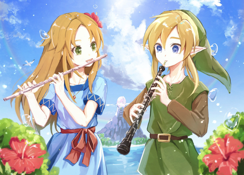 1boy :d belt belt_buckle bird blonde_hair blue_dress blue_eyes buckle character_name cloud collarbone commentary_request cowboy_shot day dress female flower flute green_eyes green_headwear hair_flower hair_ornament hibiscus highres instrument jewelry link long_hair long_sleeves marin_(zelda) mountain music necklace oboe ocean open_mouth orange_hair outdoors parted_bangs pendant playing_instrument pointy_ears red_flower red_ribbon ribbon seagull short_sleeves sidelocks smile tete_tuyuten the_legend_of_zelda the_legend_of_zelda:_link's_awakening tunic water water_drop windfish's_egg