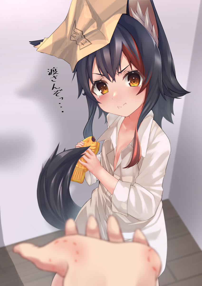 1other absurdres aged_down angry animal_ear_fluff animal_ears bite_mark black_hair blush box box_on_head cardboard_box chewing commentary_request dress_shirt female food hair_between_eyes highres holding holding_food hololive inaba_teitoku indoors lolicon looking_at_viewer multicolored_hair naked_shirt ookami_mio oversized_clothes oversized_shirt pov pov_hands red_hair shirt short_hair sidelocks solo_focus streaked_hair tail tail_wrap taiyaki tearing_up translated virtual_youtuber wagashi white_shirt wolf_ears wolf_girl wolf_tail yellow_eyes