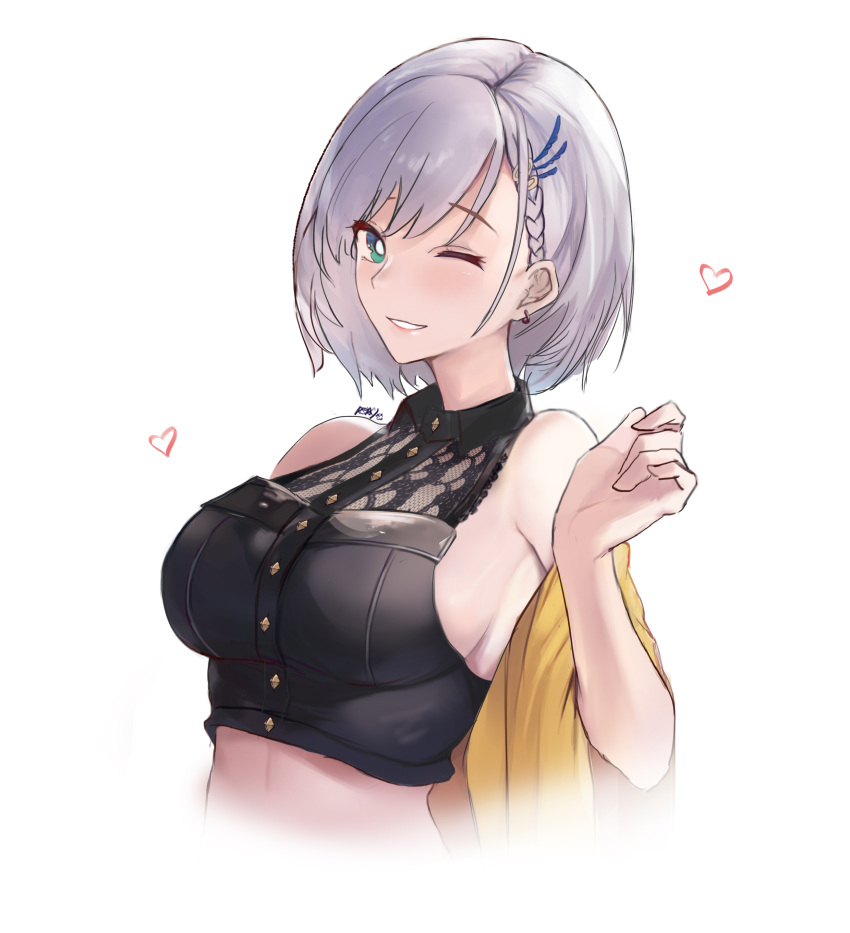 absurdres bare_shoulders blue_eyes braid breasts crop_top earrings female grey_hair hair_ornament highres hololive hololive_indonesia jewelry large_breasts looking_at_viewer official_alternate_costume official_alternate_hair_length official_alternate_hairstyle one_eye_closed pavolia_reine pavolia_reine_(street) rs2aky short_hair sideboob solo upper_body virtual_youtuber