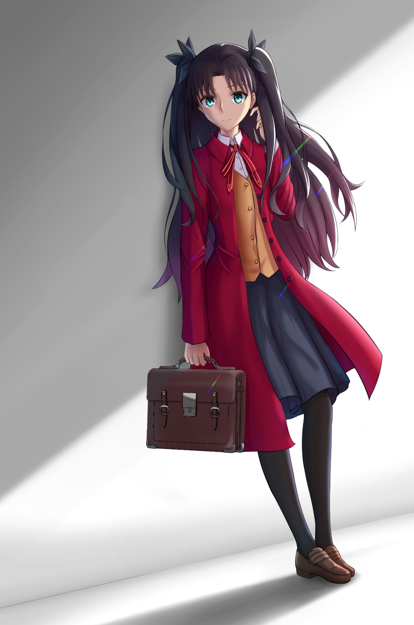 absurdres against_wall black_ribbon blue_eyes brown_footwear brown_hair coat fate/stay_night fate_(series) female full_body hand_in_own_hair highres leaning leather_bag loafers long_hair looking_at_viewer neck_ribbon pantyhose pleated_skirt ribbon shoes skirt smile sok_(pixiv42912527) solo thighhighs tohsaka_rin twintails vest