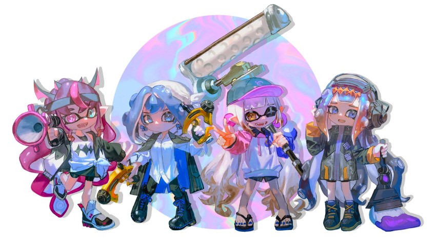 +_+ 4girls alternate_costume baseball_cap coat dapple_dualies_(splatoon) dynamo_roller_(splatoon) flip-flops hat headband headphones heterochromia highres hololive hololive_english inkling inkling_player_character irys_(hololive) jacket jacket_on_shoulders multiple_girls ninomae_ina'nis octobrush_(splatoon) octoling octoling_player_character one_eye_closed ouro_kronii quasarcake sandals shorts smile splatoon_(series) splatoon_2 sploosh-o-matic_(splatoon) tentacle_hair tsukumo_sana v virtual_youtuber