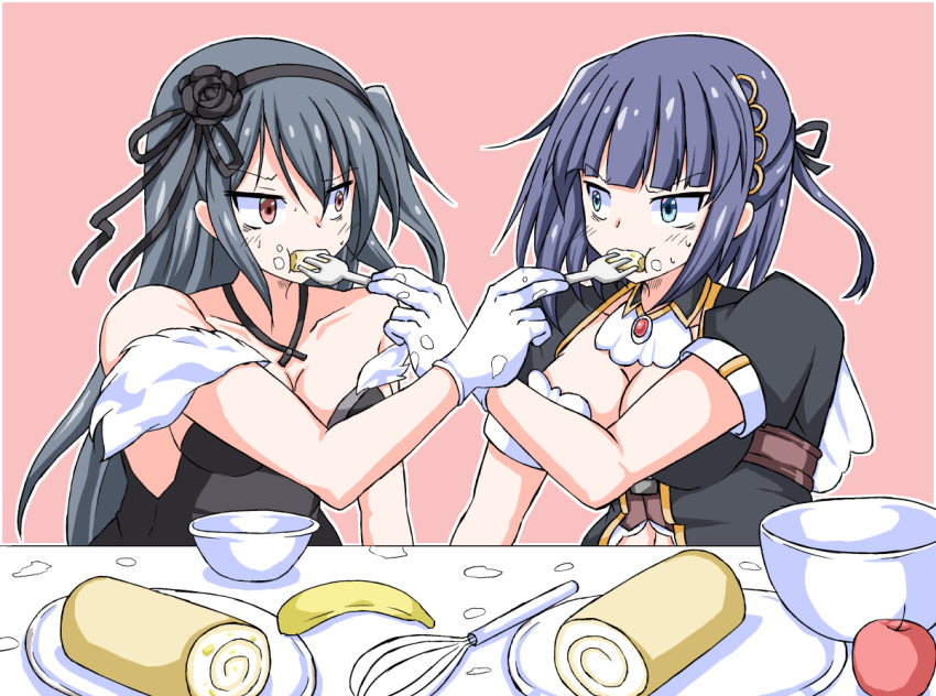 2girls apple banana black_flower black_hair black_hairband black_ribbon blue_eyes blunt_bangs bowl breasts brown_eyes cleavage commentary_request eating enuenu6378 feeding flower food fork fruit gloves gold_trim hair_flower hair_ornament hairband holding holding_fork jewelry long_hair medium_breasts multiple_girls navel necklace pink_background raven_(sennen_sensou_aigis) ribbon sennen_sensou_aigis short_sleeves simple_background symmetrical_pose table verdinath_(sennen_sensou_aigis) whisk white_gloves