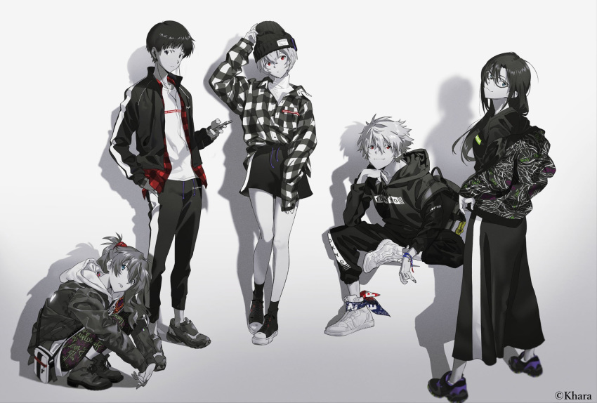 2boys 3girls arm_up ayanami_rei bag beanie blue_eyes boots casual closed_mouth collarbone commentary_request expressionless fashion glasses greyscale group_picture hair_ornament hand_in_pocket hand_up hat head_rest headphones highres holding holding_phone hood hoodie ikari_shinji invisible_chair jacket jacket_on_shoulders leggings light_smile long_hair looking_at_viewer makinami_mari_illustrious monochrome multiple_boys multiple_girls nagisa_kaworu neon_genesis_evangelion official_art own_hands_together pants pantyhose pantyhose_under_shorts phone plaid plaid_shirt print_jacket print_leggings radio_eva rebuild_of_evangelion red_eyes shadow shirt shoes short_hair shorts sitting skirt smile sneakers socks souryuu_asuka_langley spot_color squatting standing streetwear studio_khara sweater tongue tongue_out track_jacket track_pants turtleneck turtleneck_sweater wristband yoneyama_mai