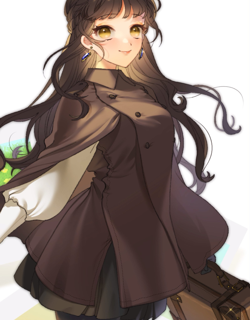 bad_id bad_twitter_id black_gloves black_skirt briefcase brown_eyes brown_hair brown_jacket commission earrings eikura_hana female floating_hair gloves hair_behind_ear highres holding holding_briefcase jacket jewelry long_hair original skeb_commission skirt smile solo white_background