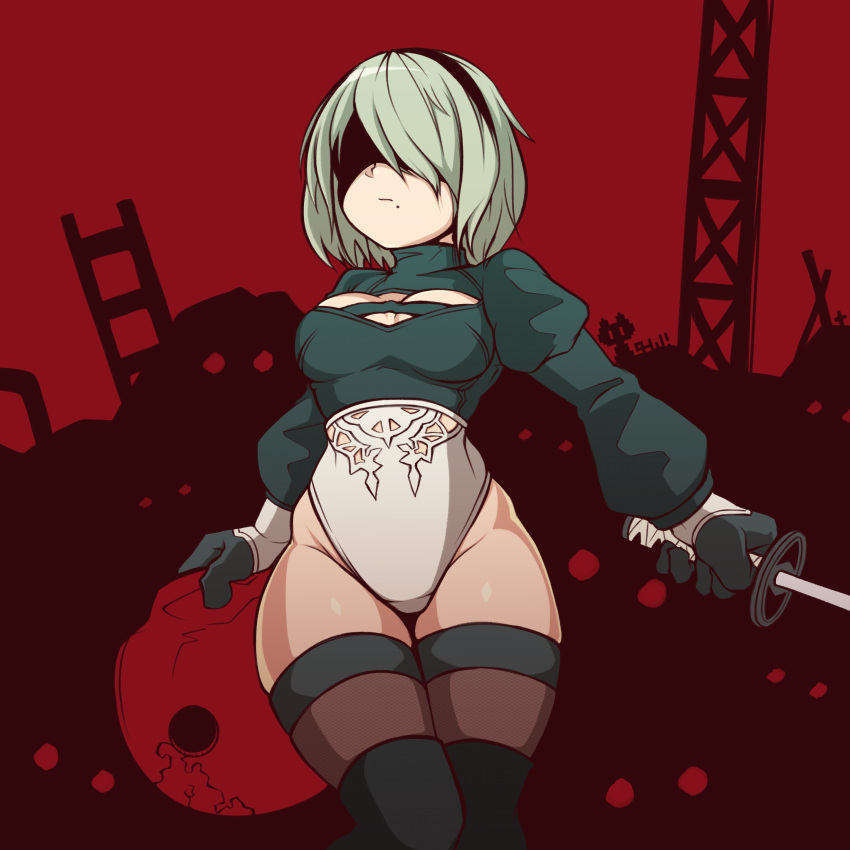 2b_(nier:automata) absurdres black_blindfold black_gloves black_hairband blindfold breasts cleavage cleavage_cutout closed_mouth clothing_cutout covered_eyes female gloves grey_hair hairband highleg highleg_leotard highres hip_bones holding holding_sword holding_weapon juliet_sleeves katana left-handed leotard long_sleeves machine_(nier) medium_breasts mole mole_under_mouth nier:automata nier_(series) puffy_sleeves purple_thighhighs red_background sakumochi_(pixiv4431677) short_hair skindentation solo standing sword thighhighs thighs turtleneck weapon white_leotard