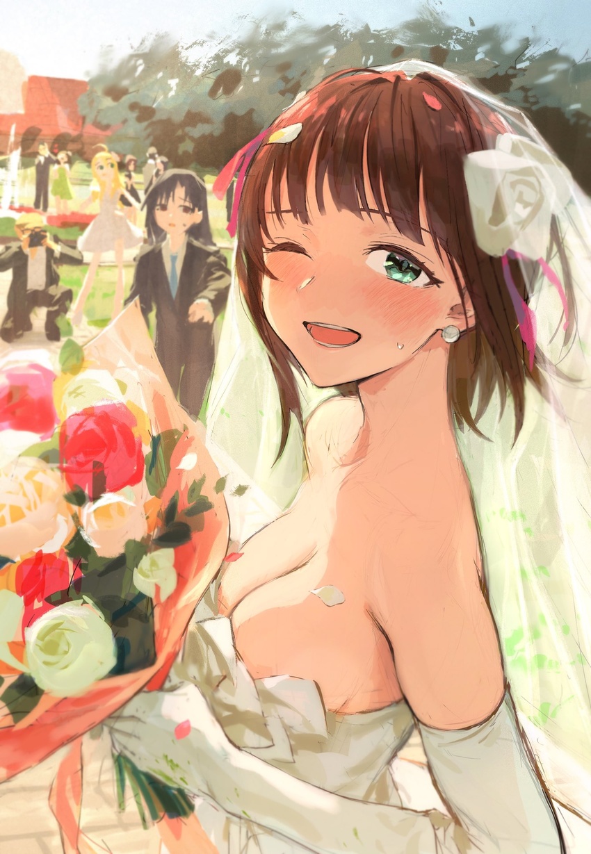 3boys 6+girls ahoge amami_haruka aqua_eyes bare_shoulders bouquet breasts bridal_veil bride brown_hair character_request cleavage commentary_request commission dress earrings elbow_gloves flower gloves highres hoshii_miki idolmaster idolmaster_(classic) jewelry kisaragi_chihaya medium_hair multiple_boys multiple_girls one_eye_closed parted_lips petals pink_flower pov red_flower skeb_commission smile solo_focus strapless strapless_dress tentsuu_(tentwo) upper_body veil wedding wedding_dress white_dress white_flower white_gloves