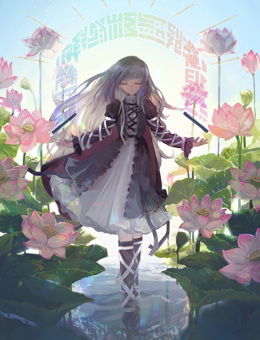 black_footwear boots brown_hair closed_eyes commentary cross-laced_clothes dress female floating flower gradient_hair highres hijiri_byakuren ichinose_(kurui96) juliet_sleeves layered_dress lily_pad long_hair long_sleeves lotus multicolored_hair pink_flower puffy_short_sleeves puffy_sleeves purple_hair short_sleeves sorcerer's_sutra_scroll thigh_boots thighhighs touhou turtleneck turtleneck_dress two-tone_hair water wavy_hair