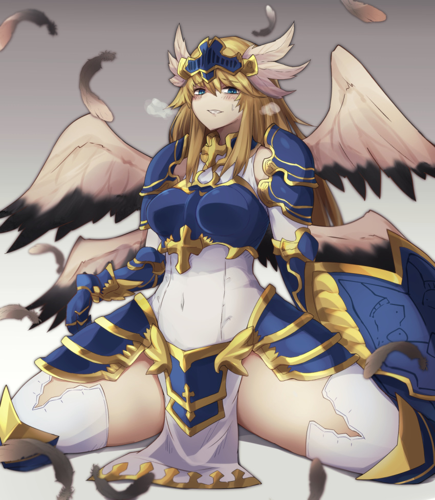 angel armor bare_shoulders blonde_hair blue_eyes blush breastplate commentary covered_navel cross feathered_wings feathers female heavy_breathing highres holding holding_shield long_hair looking_at_viewer monster_girl monster_girl_encyclopedia multiple_wings pauldrons shield shoulder_armor simple_background sitting skirt smile solo teeth valkyrie valkyrie_(monster_girl_encyclopedia) wings yonaga_san