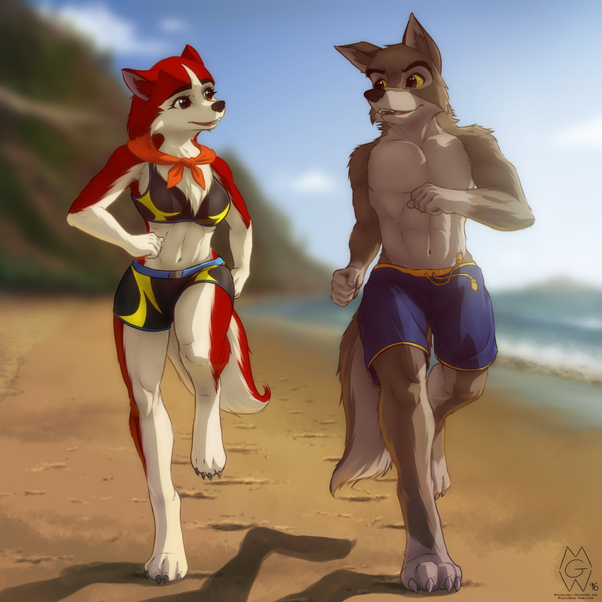 1:1 4_toes 5_fingers absurd_res anthro anthrofied athletic athletic_anthro athletic_female athletic_male balto balto_(series) bandana barefoot beach bikini blurred_background brown_eyes canid canine canis canon_couple clothed clothing day detailed_background digitigrade domestic_dog duo exercise eye_contact eyelashes feet female fingers footprint fur grey_body grey_fur hi_res husky hybrid jenna_(balto) jogger kerchief looking_at_another male male/female mammal midriff multicolored_body multicolored_fur mykegreywolf navel nordic_sled_dog open_mouth outside red_body red_fur sand seaside sky smile spitz swimming_trunks swimwear teeth toes topless topless_male two_tone_body two_tone_fur universal_studios white_body white_fur wolf wolfdog