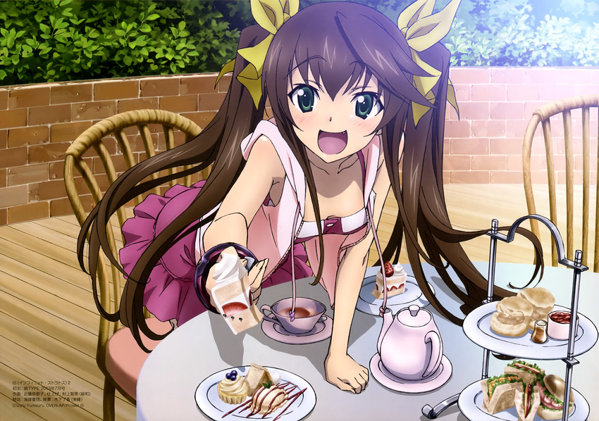 absurdres brick_wall brown_hair cake cake_slice casual chair cup drink female food fork fruit green_eyes highres hood hoodie huang_lingyin imageboard_desourced infinite_stratos kondou_natsuko long_hair non-web_source oerba_yun_fang official_art open_mouth plate running_bond scone sleeveless sleeveless_hoodie solo strawberry strawberry_shortcake table tea teapot tiered_tray twintails very_long_hair