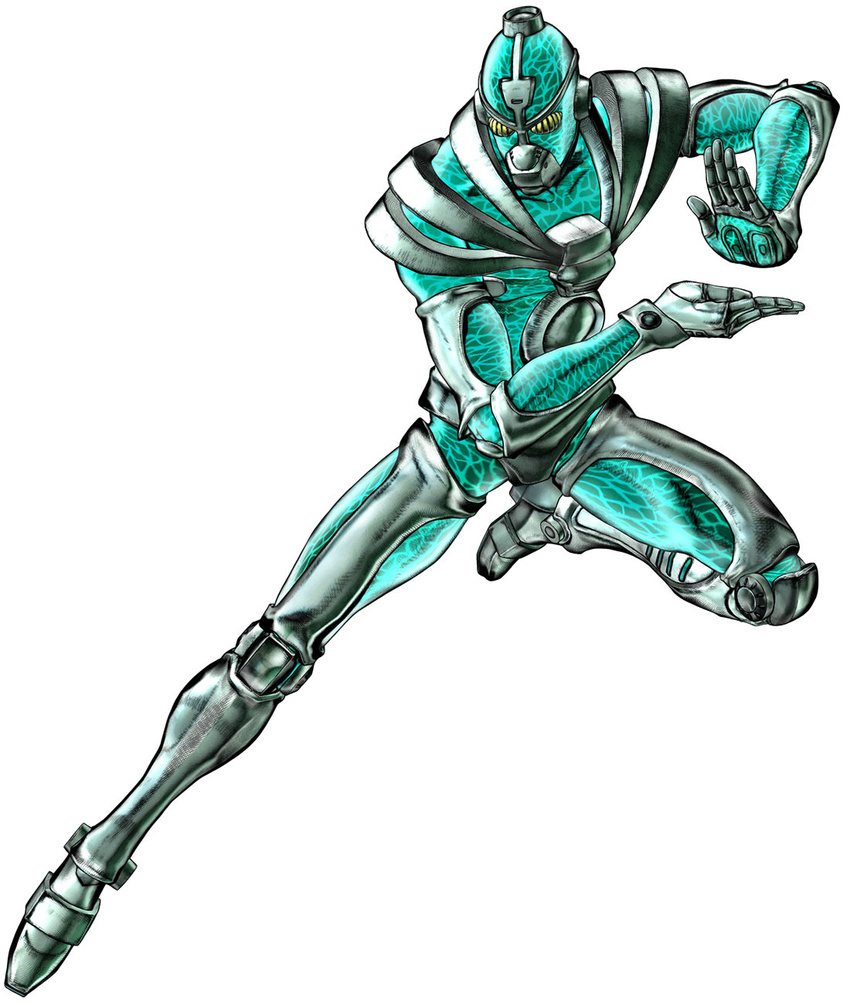 3d_(artwork) blue_body digital_media_(artwork) hi_res hierophant_green hirohiko_araki humanoid jojo's_bizarre_adventure male not_furry official_art pose simple_background solo stand_(jjba) white_background yellow_eyes