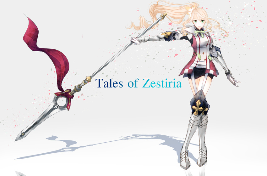 alisha_diphda alternate_hair_length alternate_hairstyle armor armored_boots blonde_hair boots commentary_request copyright_name crossed_legs female full_body gloves green_eyes highres knee_boots long_hair mimi_(mini1474) shorts side_ponytail smile solo tales_of_(series) tales_of_zestiria white_background