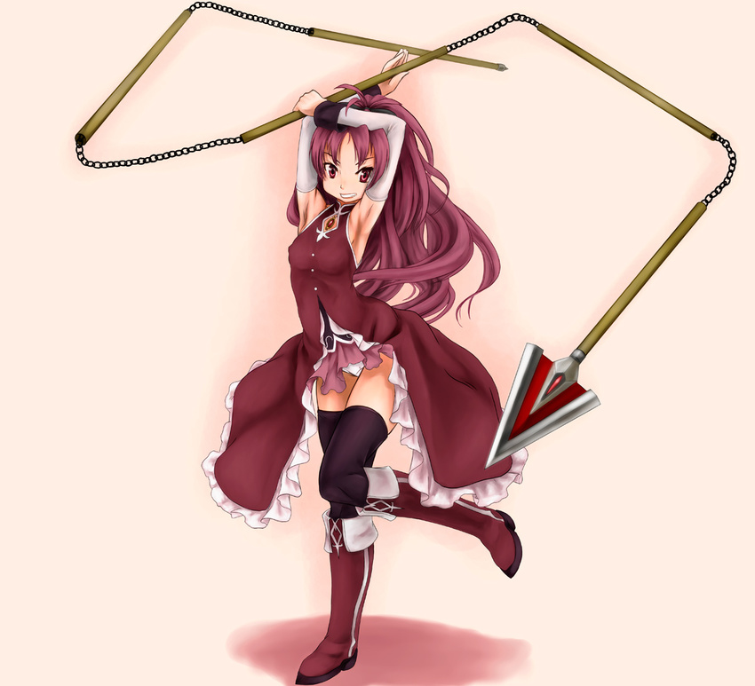 armpits arms_up bad_id bad_pixiv_id black_thighhighs boots brooch commentary_request detached_sleeves female jewelry long_hair magical_girl mahou_shoujo_madoka_magica mahou_shoujo_madoka_magica_(anime) panties red_eyes red_hair sakura_kyoko sakura_kyoko_(magical_girl) scharfschutze skirt solo thighhighs underwear white_panties