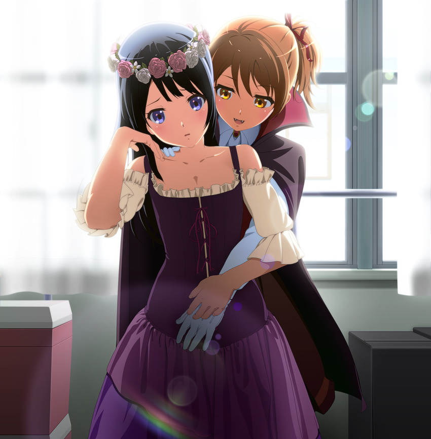 2girls backlighting bare_shoulders black_hair bloom brown_eyes brown_hair collarbone commentary_request dress fangs flat_chest halloween hand_on_another's_shoulder hand_on_another's_stomach hand_on_own_shoulder hand_on_own_stomach head_wreath hibike!_euphonium highres holding_hands indoors kousaka_reina lens_flare multiple_girls open_mouth oumae_kumiko ponytail purple_eyes sonouchi_(bigsummersky) tucking_hair vampire_costume window yuri