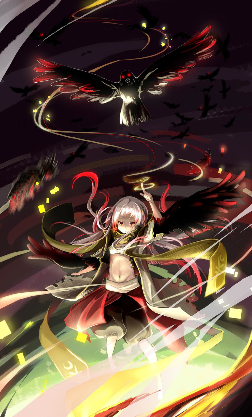 arm_up bird chinese_commentary commentary_request crow expressionless female highres light long_hair midriff mixed-language_commentary navel pixiv_fantasia pixiv_fantasia_5 pointing red_eyes solo white_hair wind wings zhao_shuwen