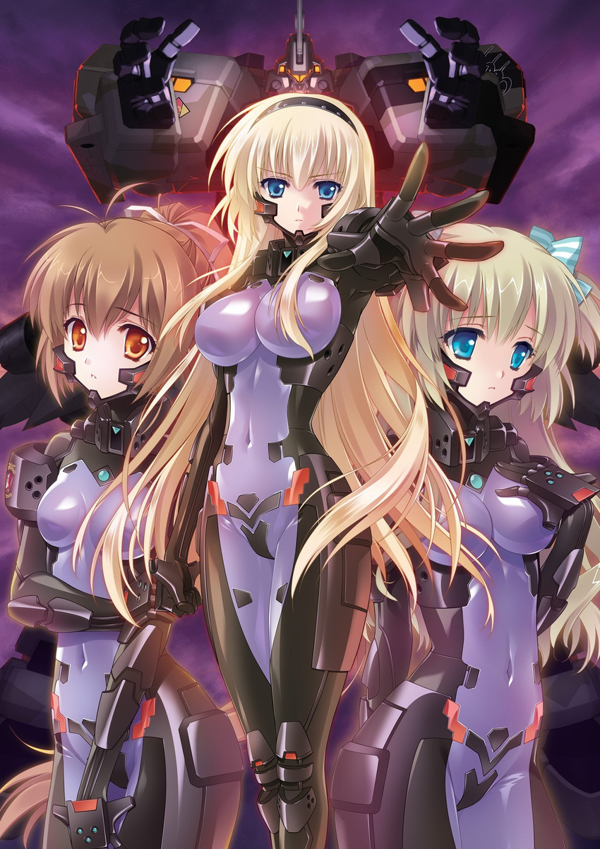 3girls :< blonde_hair blue_eyes bodysuit bow breasts brown_hair carnelian covered_navel fortified_suit hairband hairbow hand_on_own_chest highres imageboard_desourced irisdina_bernhard katia_waldheim large_breasts liz_hohenstein long_hair mecha mig-21_balalaika_(muv-luv) multiple_girls muv-luv muv-luv_alternative non-web_source official_art outstretched_hand parted_lips pilot_suit ponytail purple_bodysuit robot schwarzesmarken small_breasts tactical_surface_fighter very_long_hair