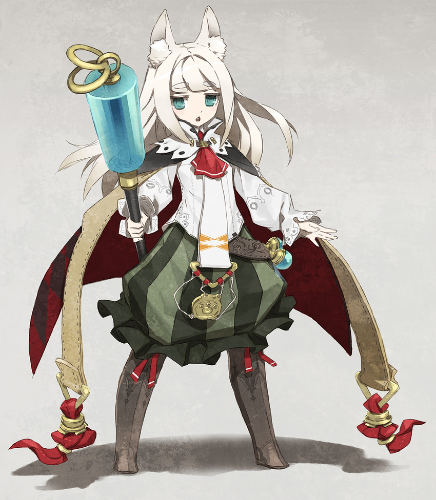 7th_dragon 7th_dragon_(series) animal_ears blue_eyes blunt_bangs boots cloak commentary_request female fox_ears highres ikurakun_(7th_dragon) long_hair looking_at_viewer low-tied_long_hair mage_(7th_dragon) miwa_shirow photoshop_(medium) puffy_sleeves skirt solo wand white_hair