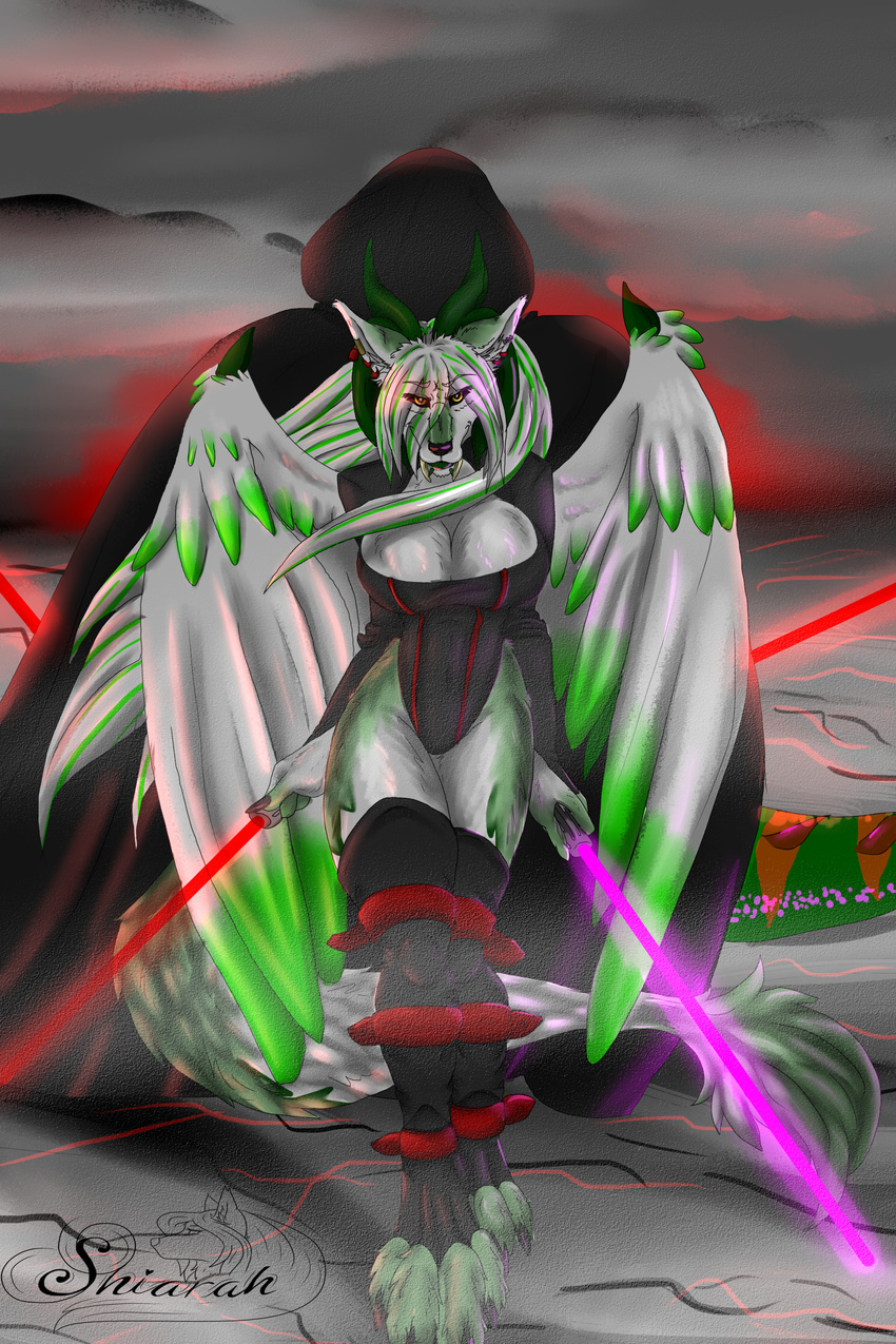 2:3 absurd_res anthro breasts canid canine canis cleavage cloak clothed clothing cracks dark_side digital_media_(artwork) dual_wielding feathered_wings feathers female grey_sky hi_res highlights_(coloring) holding_object holding_weapon horn leather lightsaber lizard_tail mammal melee_weapon paws purple_lightsaber red_lightsaber red_sun shiarah shiarah_(character) sith sky solo spikes star_wars straps stripes weapon wings wolf