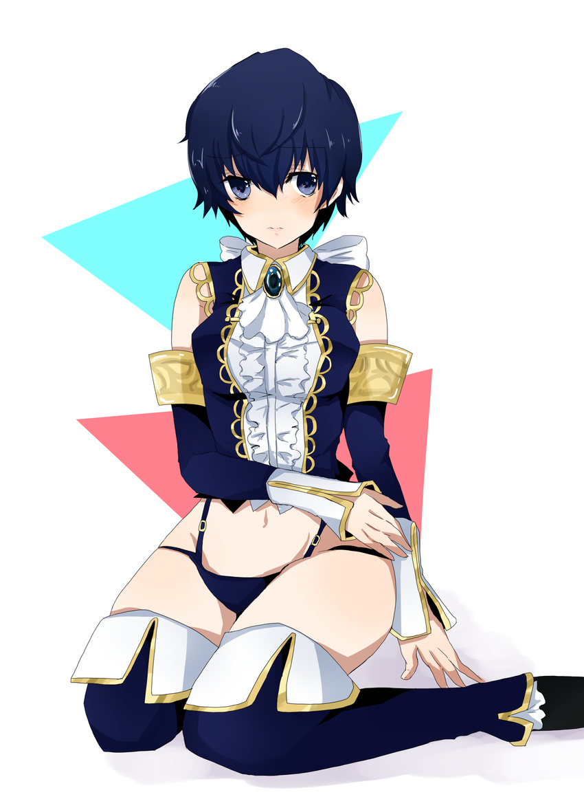 absurdres alternate_costume blush cravat detached_sleeves female high-cut_armor highres midriff navel persona persona_4 persona_4_the_golden shirogane_naoto short_hair solo thighhighs very_short_hair