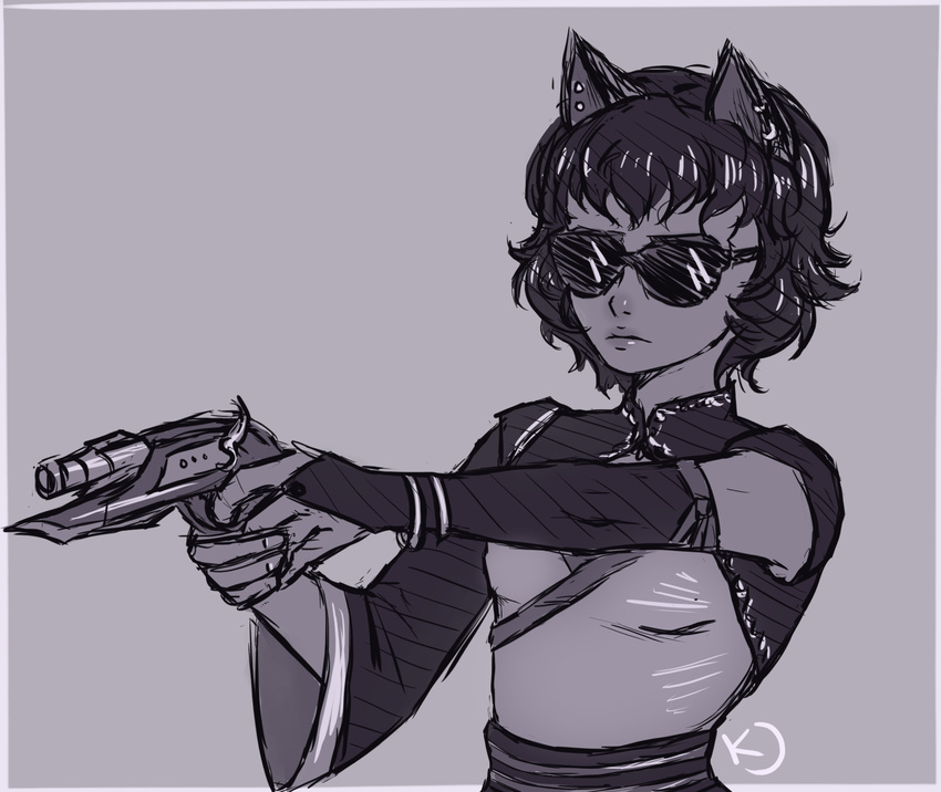 aiming animal_ears animal_humanoid breasts cat_humanoid ear_piercing eyewear faunus felid felid_humanoid feline feline_humanoid female gun hair handgun hi_res holding_gun holding_handgun holding_object holding_ranged_weapon holding_weapon humanoid kali_belladonna kjthetalekeeper mammal mammal_humanoid mature_female parody piercing ranged_weapon rooster_teeth rwby solo sunglasses weapon