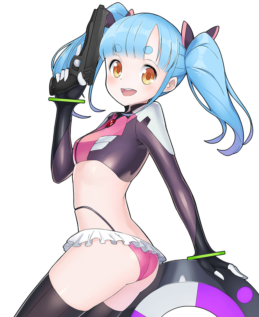 :d arched_back ass black_thighhighs blue_hair blunt_bangs blush bow commentary_request elbow_gloves female flip_flappers frills gloves gun hairbow hand_up highres long_hair looking_at_viewer majicjiang nyunyu open_mouth orange_eyes photoshop_(medium) simple_background skin_tight smile solo thick_eyebrows thighhighs trigger_discipline twintails weapon white_background