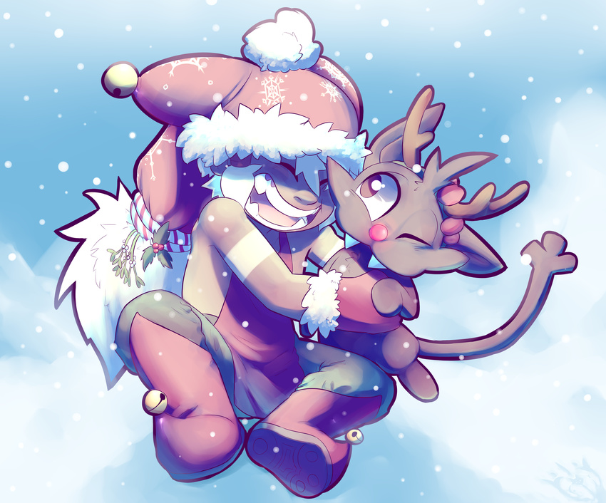 absurd_res ankama apron clothed clothing cute_fangs deer duo elf eliatrope fan_character fangs furfit hat headgear headwear hi_res hug humanoid mammal new_world_deer nommu one_eye_closed open_mouth reindeer signature simple_background sitting size_difference smile snow teeth topless wakfu winter