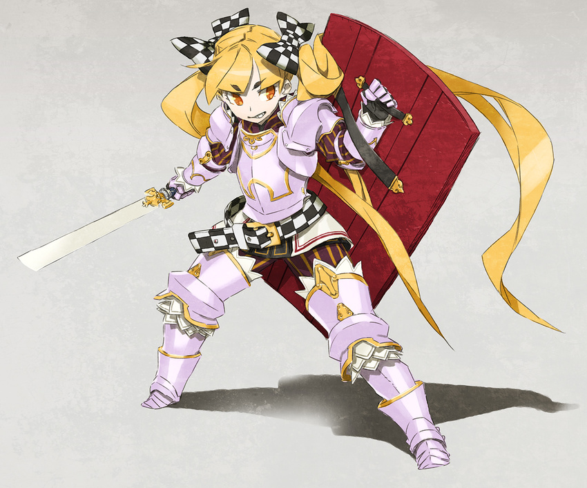 7th_dragon 7th_dragon_(series) armor berich_(7th_dragon) blonde_hair commentary_request female highres knight_(7th_dragon) long_hair looking_at_viewer miwa_shirow photoshop_(medium) shield solo sword twintails very_long_hair weapon