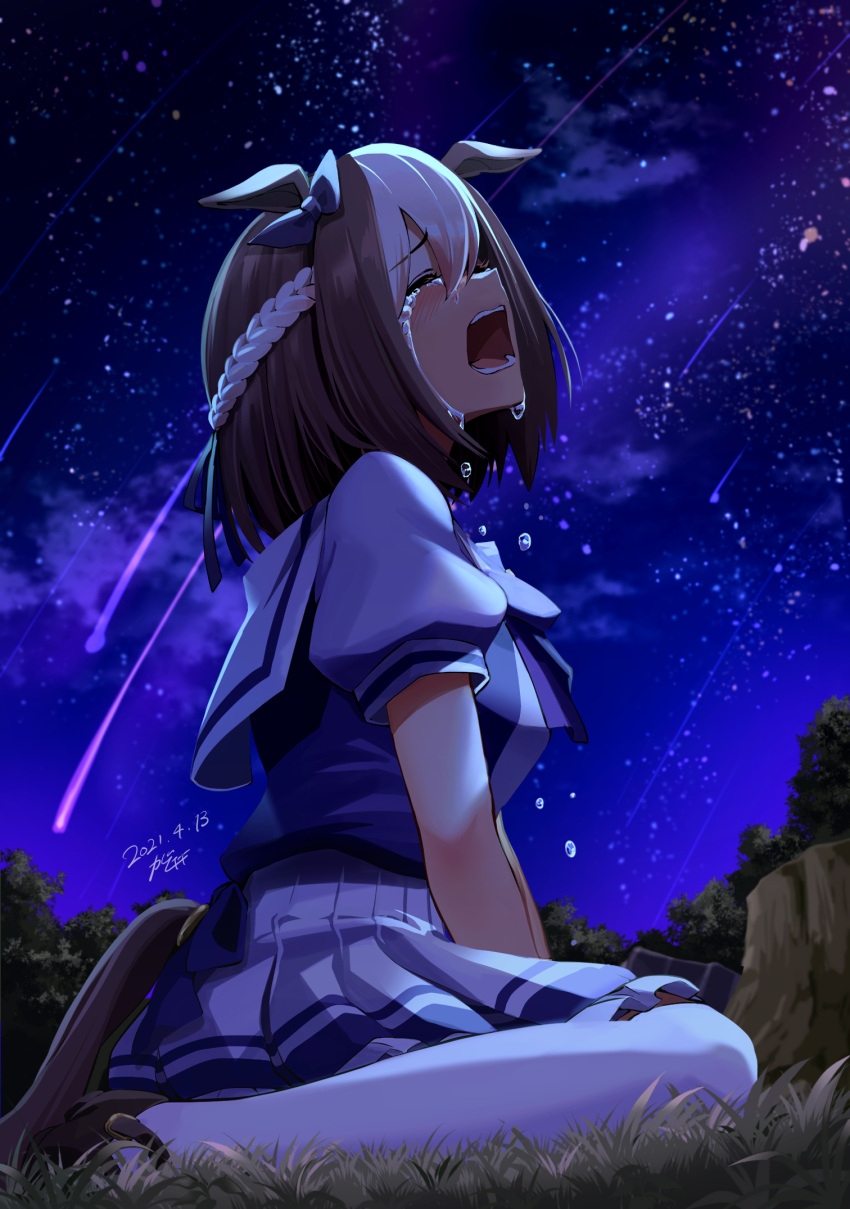 animal_ears blue_ribbon blue_shirt blush bow bowtie braid breasts brown_footwear brown_hair closed_eyes commentary crying dated ear_ribbon female from_side full_body gashitani grass highres horse_ears horse_girl horse_tail medium_breasts miniskirt multicolored_hair night night_sky open_mouth outdoors over-kneehighs pleated_skirt puffy_short_sleeves puffy_sleeves purple_shirt ribbon sailor_collar sailor_shirt school_uniform shirt shoes short_hair short_sleeves signature sitting skirt sky solo special_week_(umamusume) streaked_hair summer_uniform symbol-only_commentary tail teeth thighhighs tracen_school_uniform tree_stump umamusume wariza white_hair white_skirt white_thighhighs