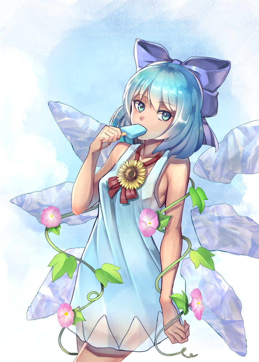 adapted_costume bare_arms bare_shoulders blue_bow blue_dress blue_eyes blue_hair bow breasts cirno commentary_request cowboy_shot dress female flower food hairbow hand_up highres holding holding_food ice ice_wings leaf looking_at_viewer pink_flower plant popsicle red_ribbon ribbon short_hair sleeveless sleeveless_dress small_breasts solo standing sunflower tanned_cirno touhou vines wings yasu_suupatenin