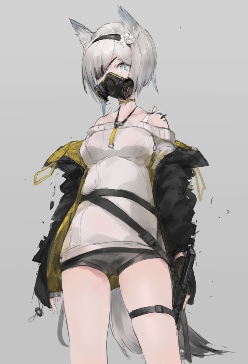 absurdres animal_ears arknights bare_shoulders black_hairband black_jacket black_shorts blue_eyes commentary eyepatch female flower grey_background grey_hair hair_over_one_eye hairband highres jacket neon_(arknights) off-shoulder_shirt off_shoulder open_clothes open_jacket respirator shirt short_shorts shorts simple_background solo symbol-only_commentary tail unitsu white_flower white_shirt