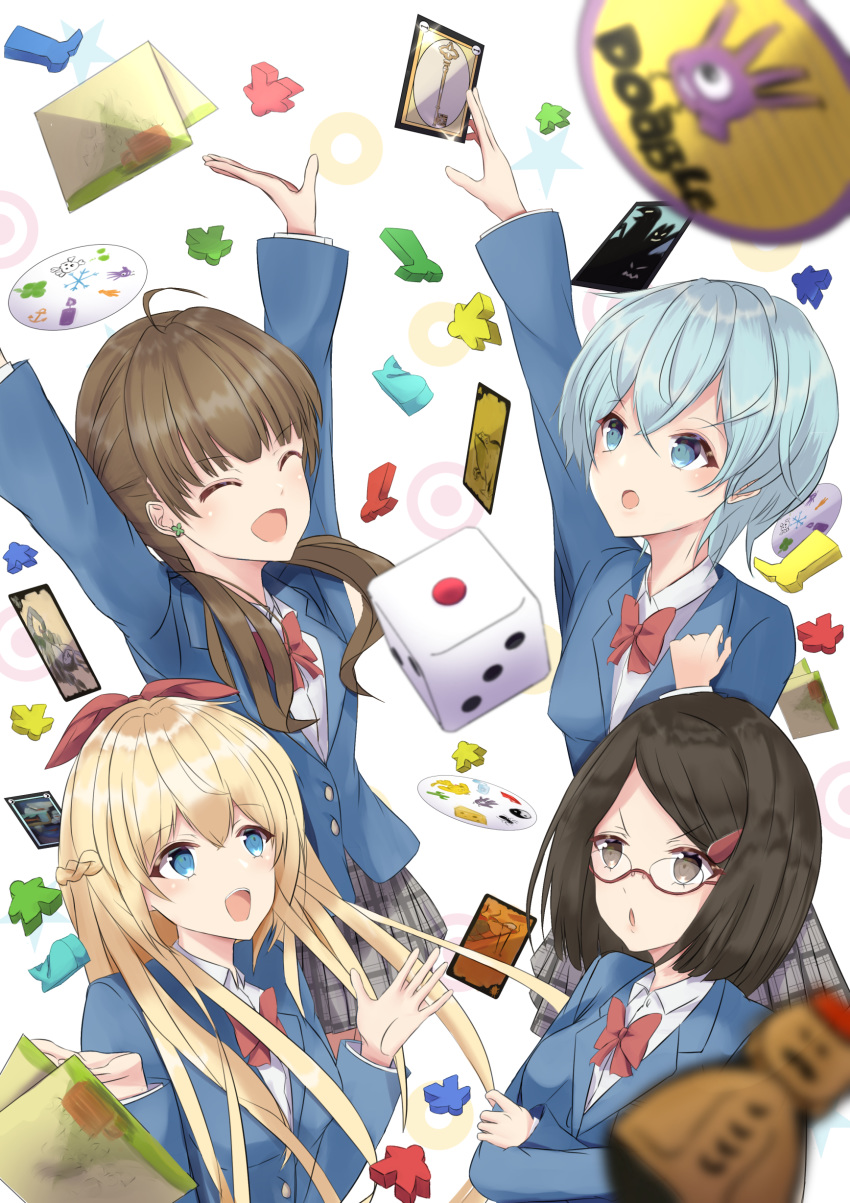 4girls absurdres arms_up bad_id bad_pixiv_id banzai_mon blonde_hair blue_eyes blue_hair bow braid brown_eyes brown_hair carcassonne card closed_eyes clover_earrings commentary crossed_arms crown_braid dice dobble earrings emilia_(houkago_saikoro_club) glasses grey_skirt hair_ornament hairbow hairclip highres houkago_saikoro_club jewelry long_hair long_sleeves low_twintails marrakech multiple_girls oono_midori open_mouth plaid plaid_skirt red-framed_eyewear red_bow school_uniform short_hair simple_background skirt smile stud_earrings takayashiki_aya takekasa_miki twintails very_long_hair white_background