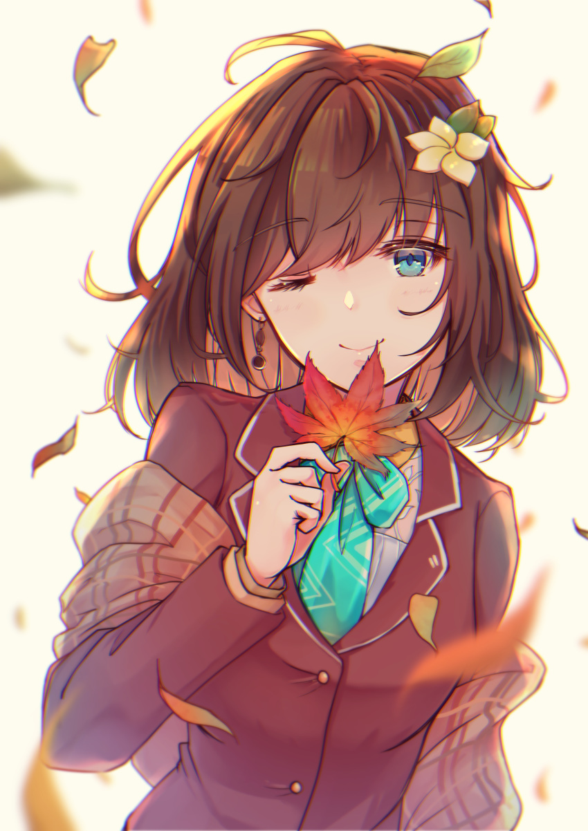 ;) absurdres aqua_bow aqua_bowtie aqua_necktie blazer blouse blue_eyes bow bowtie brown_hair earrings falling_leaves female flower hair_flower hair_ornament hana_macchia hana_macchia_(1st_costume) highres jacket jewelry leaf maple_leaf necktie nijisanji nijisanji_id nishiaita one_eye_closed outdoors plaid plaid_scarf scarf shirt simple_background smile solo virtual_youtuber white_background