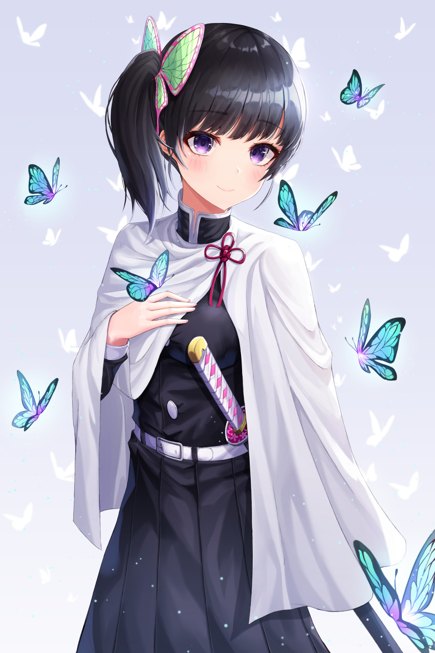 absurdres black_hair black_jacket black_skirt blue_background blue_butterfly blush bug butterfly butterfly_hair_ornament cape closed_mouth commentary_request demon_slayer_uniform female gradient_background hair_ornament highres jacket katana kimetsu_no_yaiba long_hair long_skirt long_sleeves pleated_skirt purple_eyes ryon_y0421 sheath sheathed side_ponytail skirt smile solo standing sword tsuyuri_kanao weapon white_background white_cape