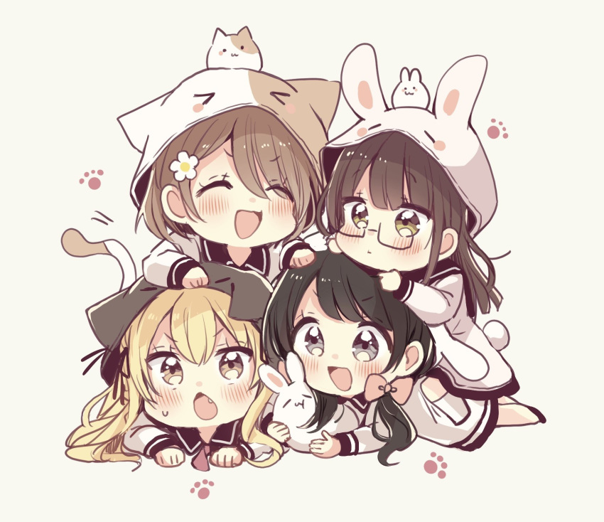 >_< 4girls :d ^_^ animal animal_ears animal_hood black-framed_eyewear black_footwear black_hair black_sailor_collar blonde_hair blush bow brown_eyes brown_hair cat_ears cat_hood cat_tail chestnut_mouth chibi closed_eyes commentary_request dress fake_animal_ears feline glasses grey_background grey_eyes hairbow highres higuchi_kaede_(swing!!) hood hood_up long_hair long_sleeves low_twintails miyasato_haruka multiple_girls oerba_yun_fang okamoto_natsuhi open_mouth pink_bow rabbit rabbit_ears rabbit_hood sailor_collar sailor_dress sakura_oriko semi-rimless_eyewear shoes simple_background smile swing!! tail twintails under-rim_eyewear v-shaped_eyebrows white_dress yokomine_ibuki