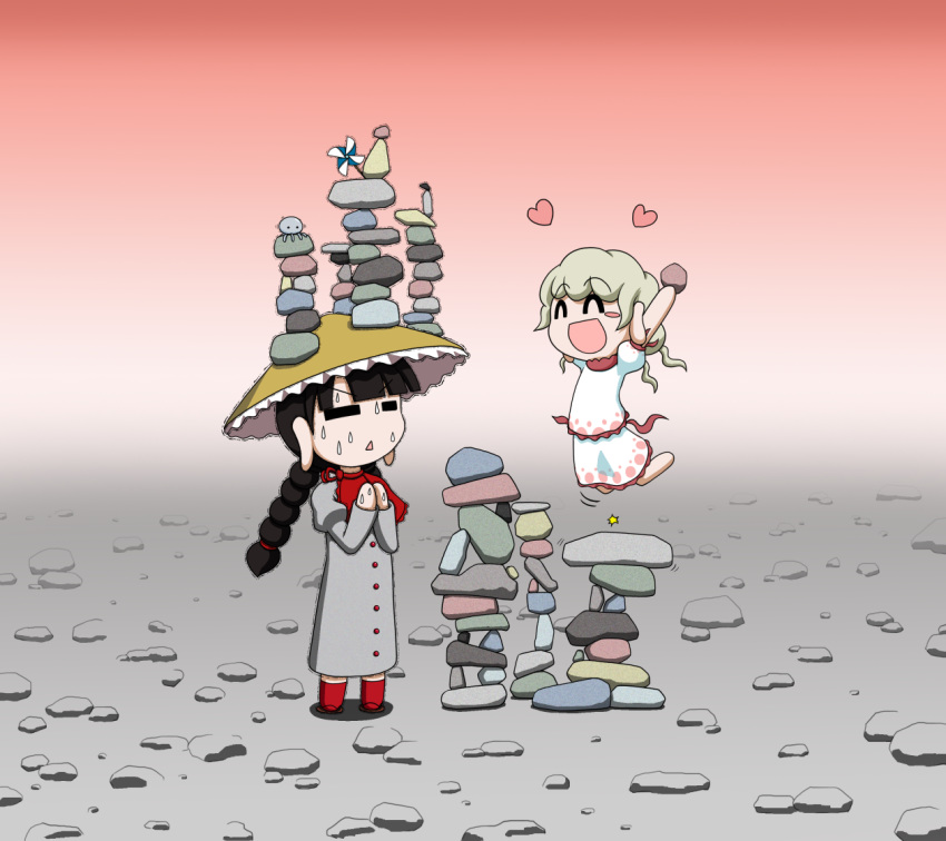 2girls :d =_= ^_^ ajirogasa arm_up black_hair blunt_bangs blush_stickers braid braided_ponytail check_commentary chibi closed_eyes commentary_request dress ebisu_eika grey_dress hat heart holding holding_rock jellyfish jumping light_brown_hair long_earlobes long_hair multiple_girls open_mouth own_hands_together pink_background pinwheel rakugaki-biyori red_legwear rock rock_balancing smile standing sweat touhou triangle_mouth very_long_hair white_dress yatadera_narumi