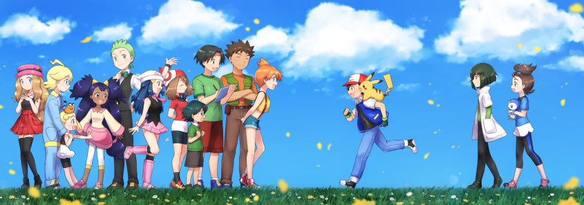 6+boys 6+girls :d absurdres ahoge arms_behind_back bandana baseball_cap belt belt_buckle bike_shorts black_bow black_gloves black_hair black_pants black_shirt black_shorts black_thighhighs blue_eyes blue_hair blue_jacket blue_pants blue_shirt blue_shorts blue_sky bonnie_(pokemon) bow bowtie brock_(pokemon) brown_belt brown_hair brown_pants buckle cilan_(pokemon) clemont_(pokemon) closed_eyes cloud collared_shirt commentary_request crossed_arms dark-skinned_female dark_skin dawn_(pokemon) day dedenne fingerless_gloves floating_hair from_side full_body glasses gloves green_eyes green_hair green_neckwear green_shirt hand_in_pocket hat hat_bow headband highres holding holding_pen holding_poke_ball holding_pokemon iris_(pokemon) jacket kasumi_(pokemon) leaning_forward long_hair long_sleeves max_(pokemon) may_(pokemon) midriff miniskirt multiple_boys multiple_girls on_head on_shoulder open_clothes open_jacket open_mouth orange_hair orange_shirt outdoors pants pen pikachu pink_headwear pink_skirt piplup pleated_skirt poke_ball pokemon pokemon_(anime) pokemon_(classic_anime) pokemon_(creature) pokemon_bw_(anime) pokemon_dppt_(anime) pokemon_on_head pokemon_on_shoulder pokemon_rse_(anime) pokemon_the_movie:_i_choose_you! pokemon_xy_(anime) purple_hair red_bandana red_eyes red_headband red_jacket red_shorts red_skirt running satoshi_(pokemon) serena_(pokemon) shirt short_hair short_shorts short_sleeves shorts shorts_under_skirt sketchbook skirt sky sleeveless sleeveless_jacket sleeveless_shirt smile sorrel_(pokemon) spiked_hair standing suspender_shorts suspenders tank_top thighhighs tracey_sketchit traditional_bowtie twintails verity_(pokemon) very_long_hair walking white_shirt white_skirt wing_collar yuki56 zettai_ryouiki